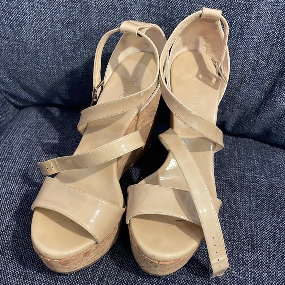 Like New- lightly worn Jimmy Choo parent leather wedges